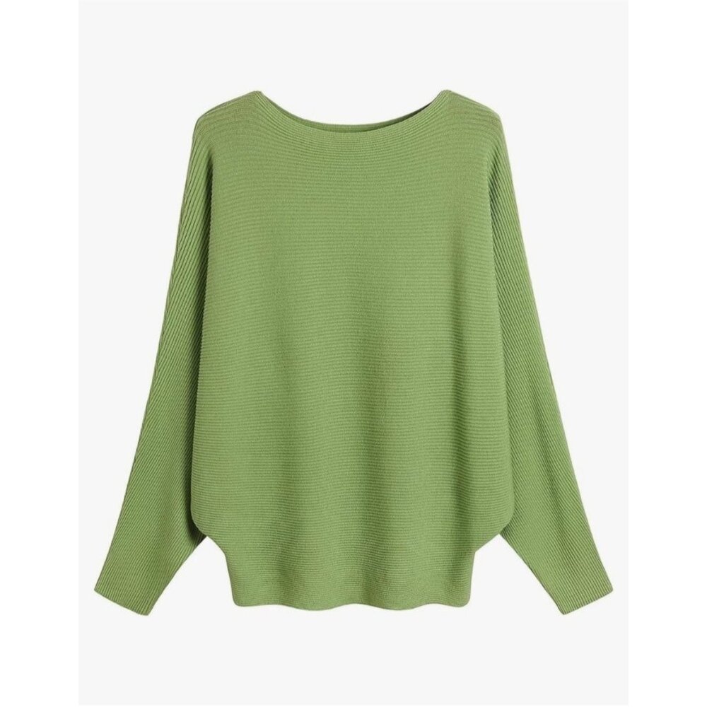 GABERLY SWEATER BOAT NECK RIBBED KNIT DOLMAN SLEEVE BATWING SOFT APPLE GREEN